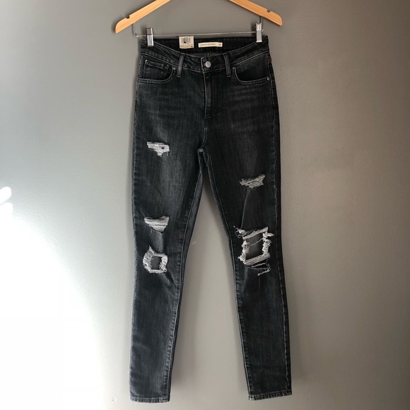 Levi’s 721 High Rise Black Distressed Skinny Jeans